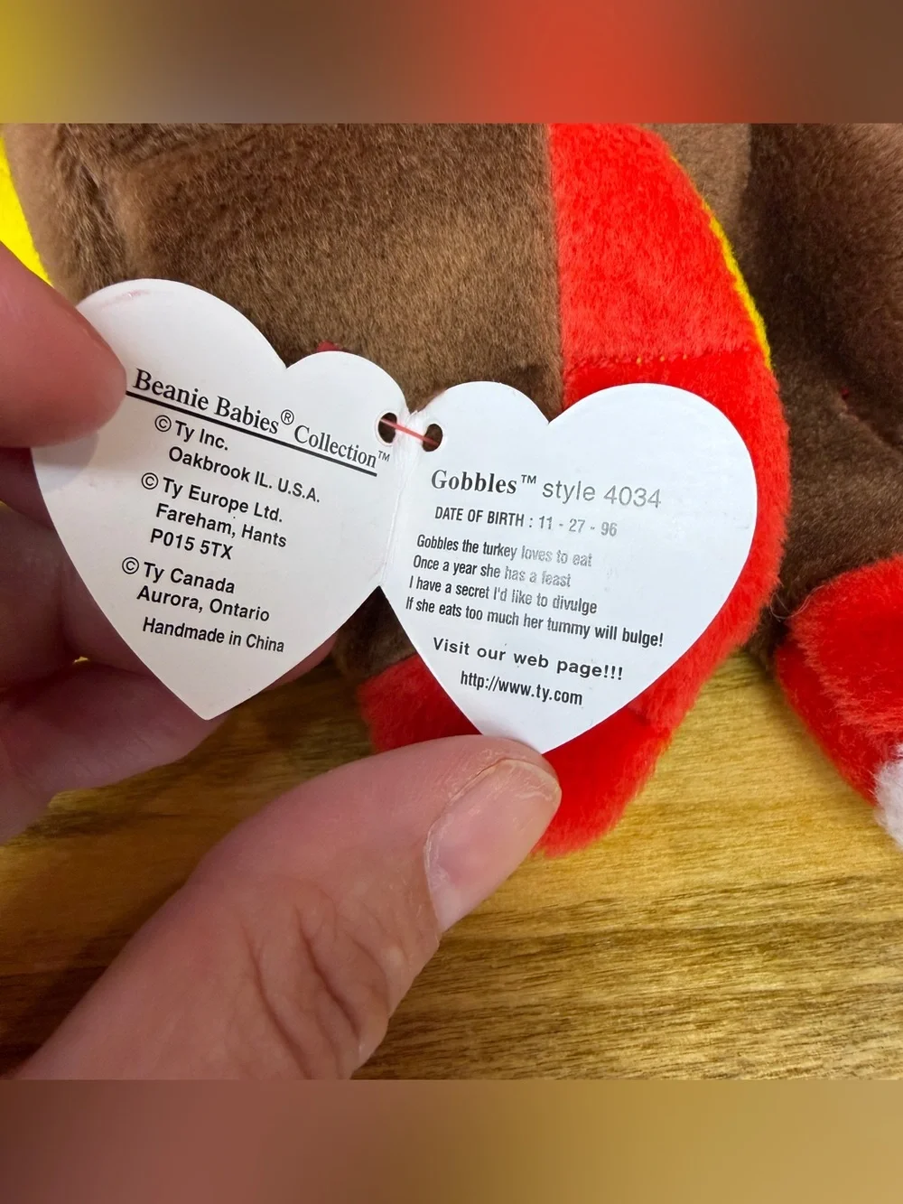 Vintage Ty Beanie Baby Turkey Gobbles Style 4034 4th Generation Hanging Tag Tush
